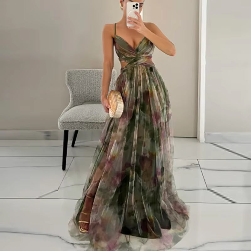 Elegant Pleated Mesh Evening Dress